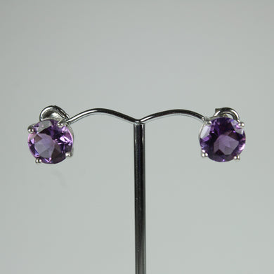 Sterling Silver Round Cut Purple Amethyst Studded Earrings
