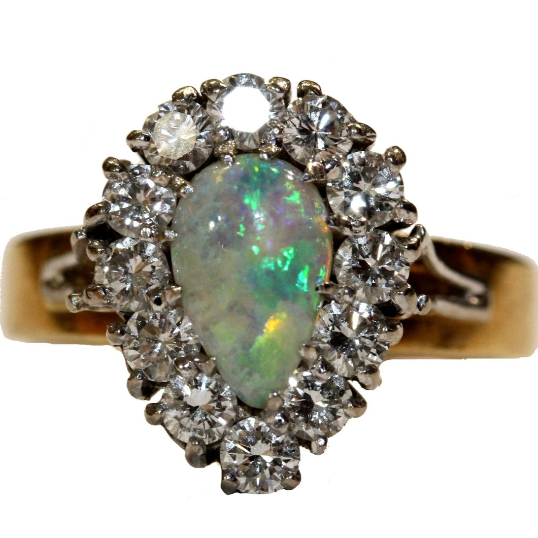 Vintage 9ct Yellow Gold Pear Cut Opal and Diamond Ring
