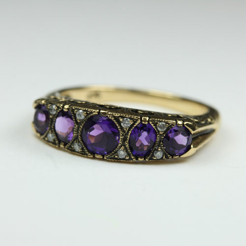 9ct Yellow Gold Amethyst and Diamond Bridge Ring