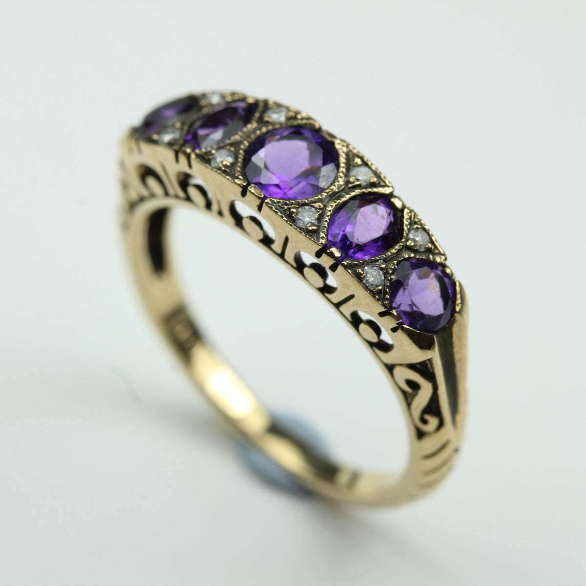 9ct Yellow Gold Amethyst and Diamond Bridge Ring