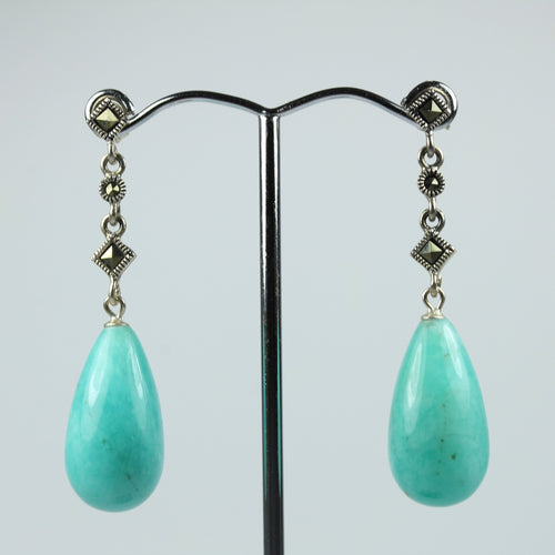 Sterling Silver Marcasite Amazonite Tear Drop Earrings