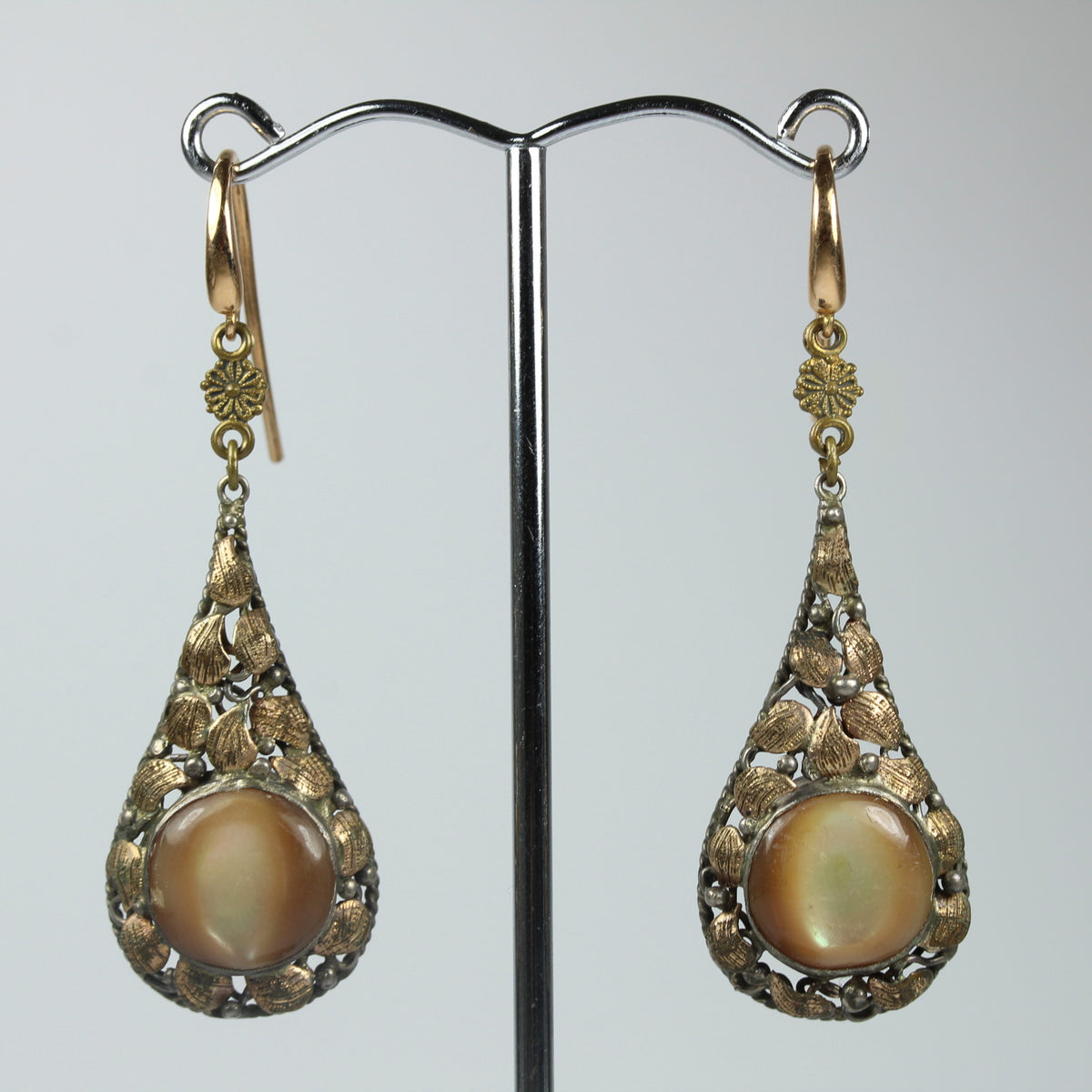 9ct Yellow Gold Art Nouveau Mother Of Pearl Drop Earrings