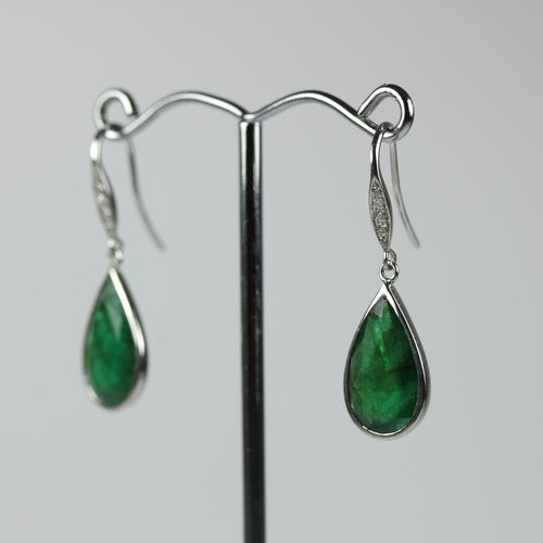 9ct White Gold Colombian Emerald And Diamond Drop Earrings