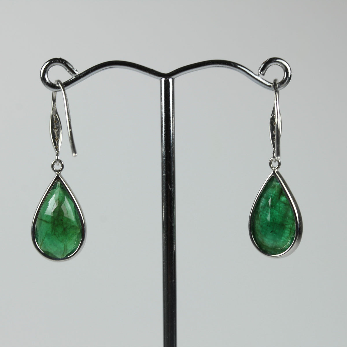9ct White Gold Colombian Emerald And Diamond Drop Earrings
