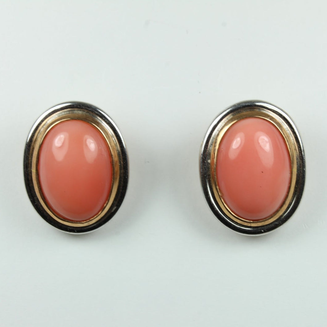 Sterling Silver Oval Natural Coral Cabochon Clip On Earrings