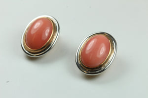Sterling Silver Oval Natural Coral Cabochon Clip On Earrings
