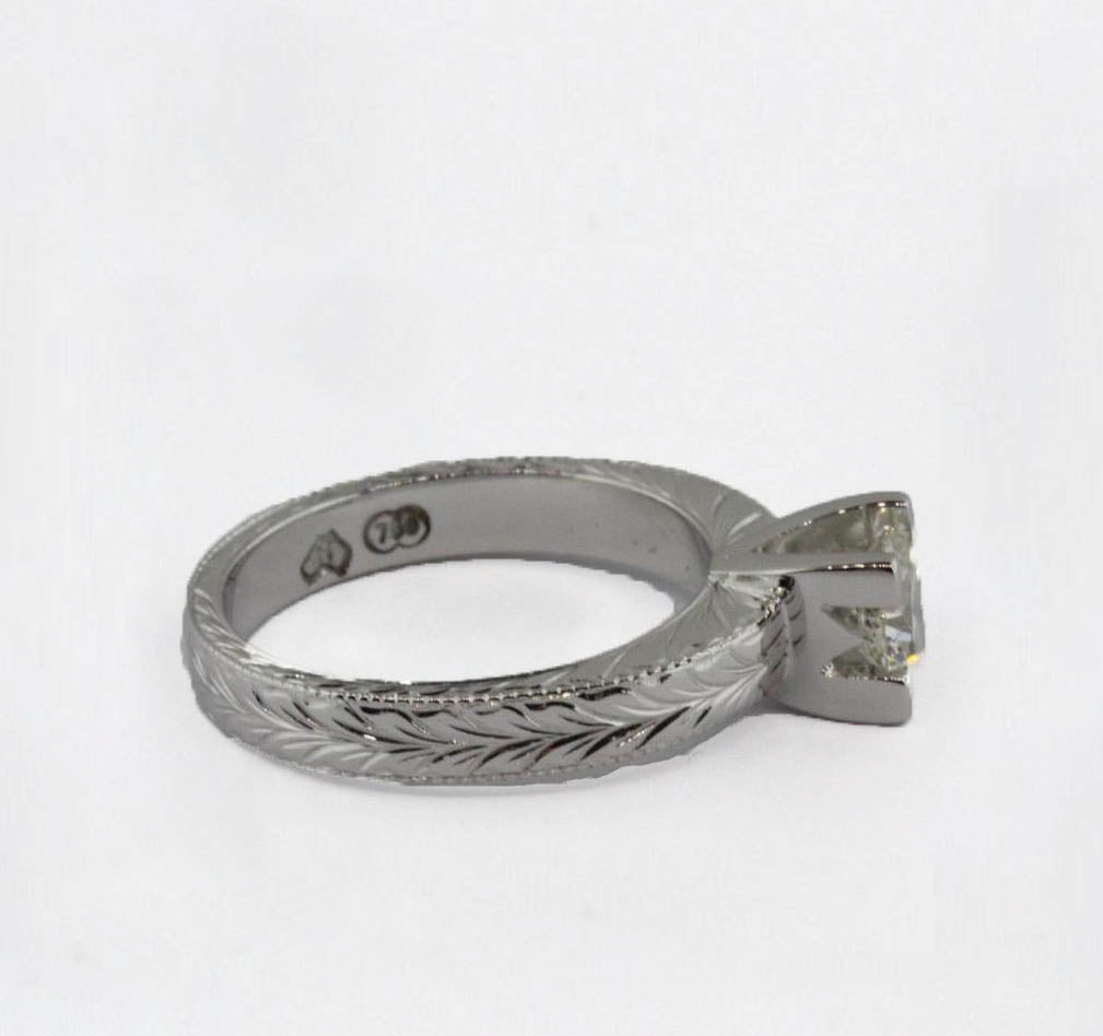 18ct White Gold Engraved Diamond Engagement Ring