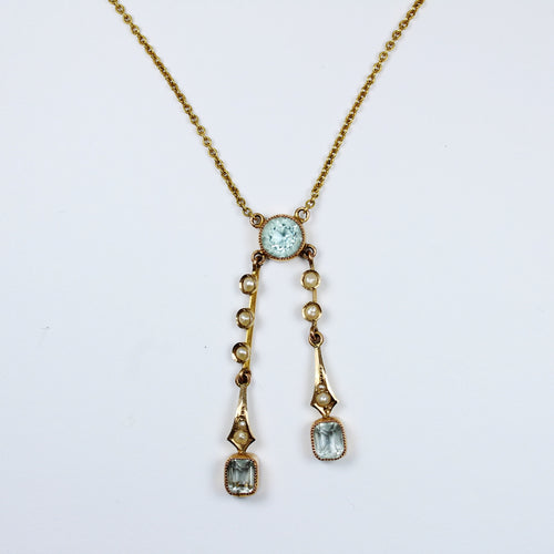 Antique 9ct Yellow Gold Aquamarine and Pearl Necklace