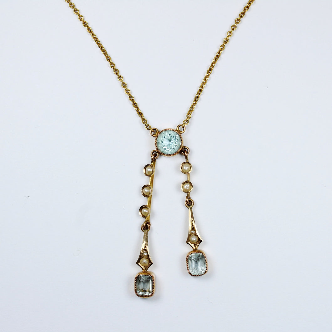 Antique 9ct Yellow Gold Aquamarine and Pearl Necklace