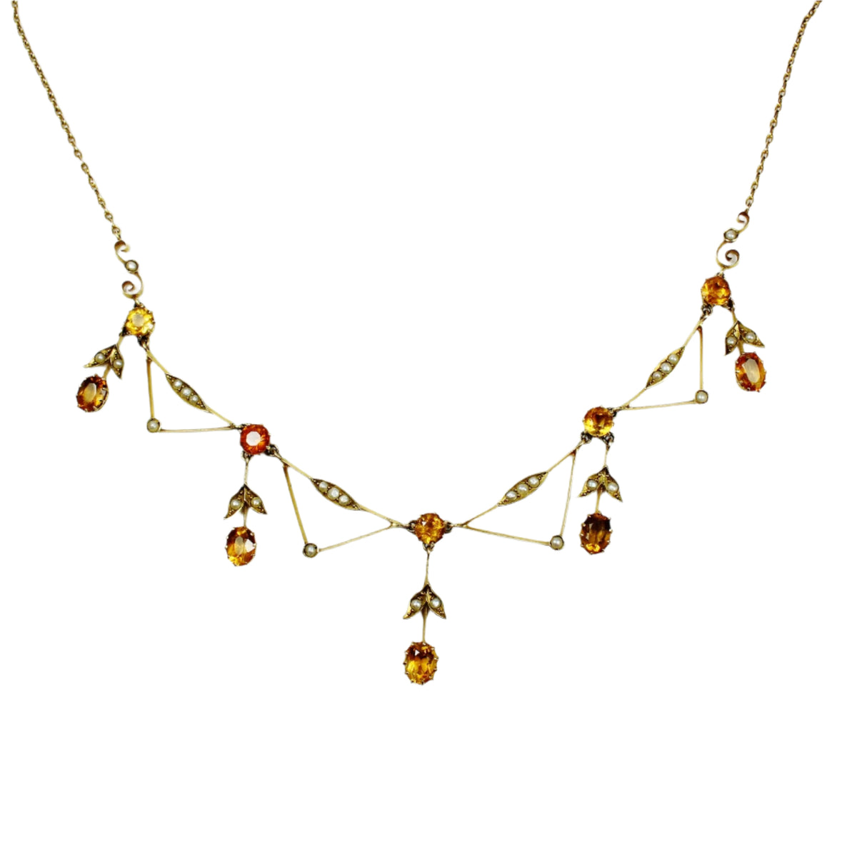 Antique 9ct Yellow Gold Citrine and Pearl Necklace