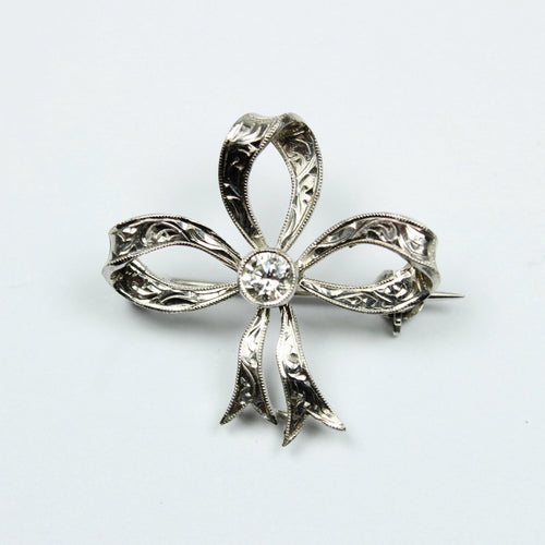 Antique Diamond Engraved Ribbon Brooch