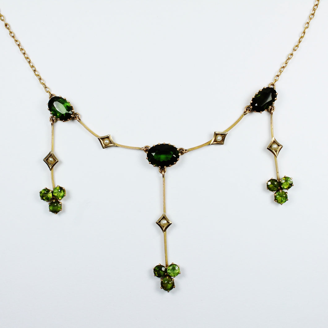 Antique 9ct Yellow Gold Peridot and Green Tourmaline Necklace