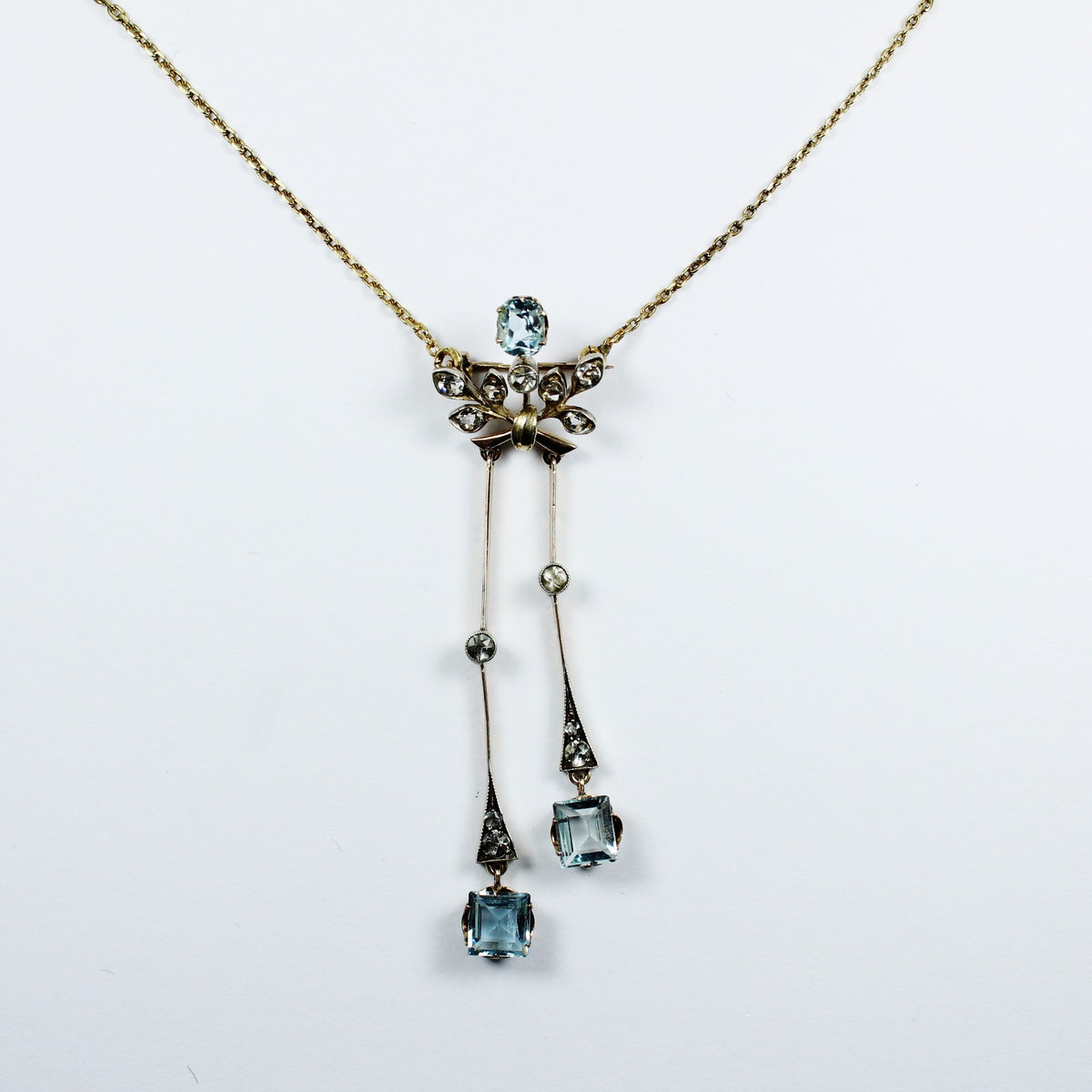 Antique 9ct Yellow Gold Aquamarine and Diamond Necklace