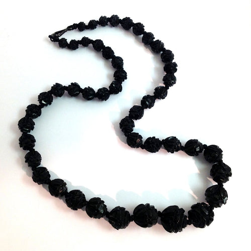 Antique Rose Carved Whitby Jet Graduated Necklace