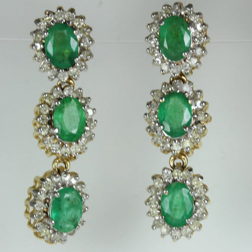 9ct Yellow Gold Emerald and Diamond Stud Drop Earrings