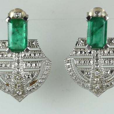 9ct White Gold Emerald and Diamond Fan Earrings