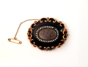 Whitby Jet and Seed Pearl Mourning Locket with Weaved Hair