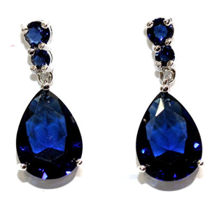 Silver Plated Royal Blue Crystal Stud Drop Earrings