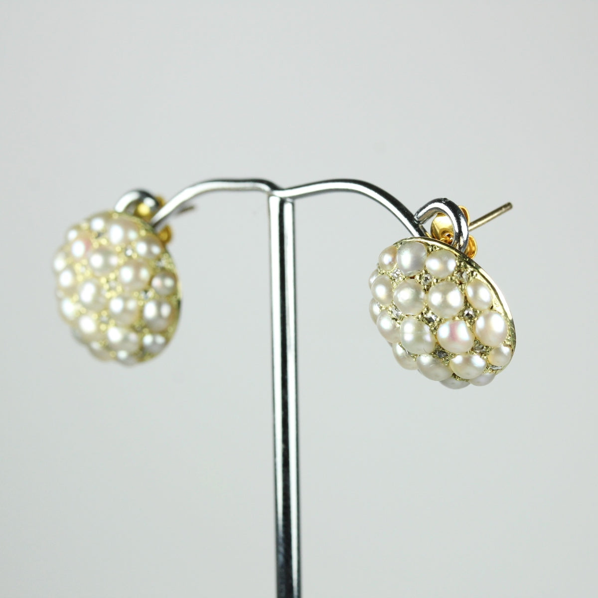 Antique 9ct Rose Gold Bead Set Pearl and Diamond Earrings