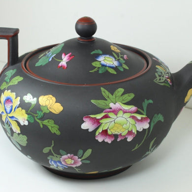 Black Hand Painted Enamel Floral Wedgwood Ceramic Tea Pot