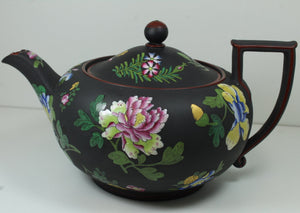 Black Hand Painted Enamel Floral Wedgwood Ceramic Tea Pot