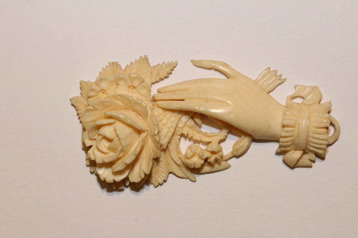 Victorian Carved Ivory Hand with Rose Pendant