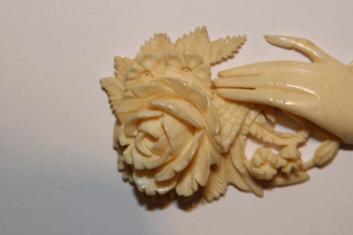 Victorian Carved Ivory Hand with Rose Pendant