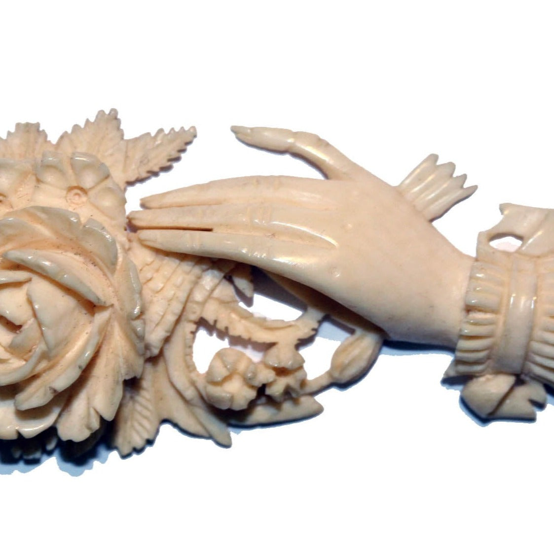Victorian Carved Ivory Hand with Rose Pendant
