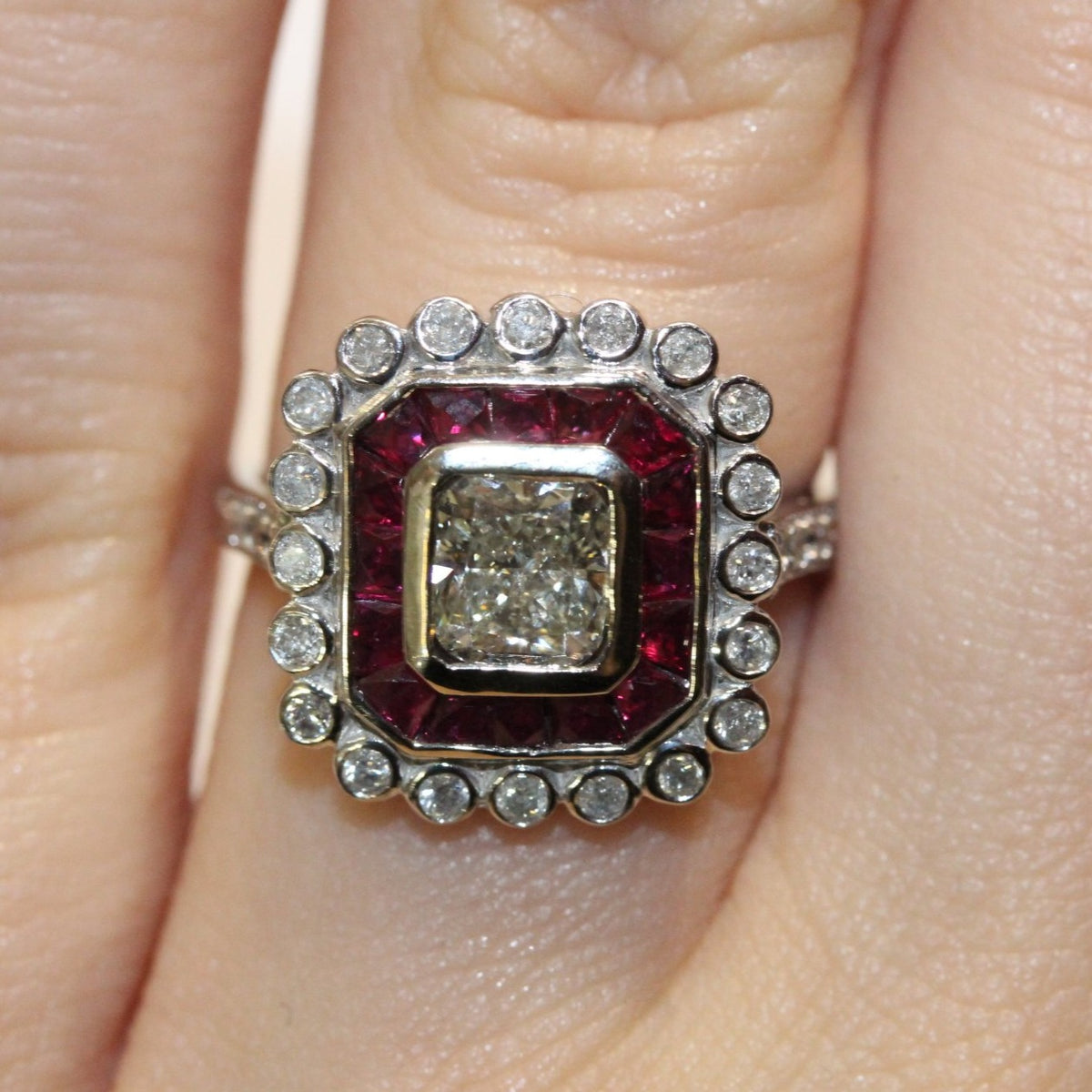 9ct White Gold Cushion Cut Diamond and Ruby Cocktail Ring