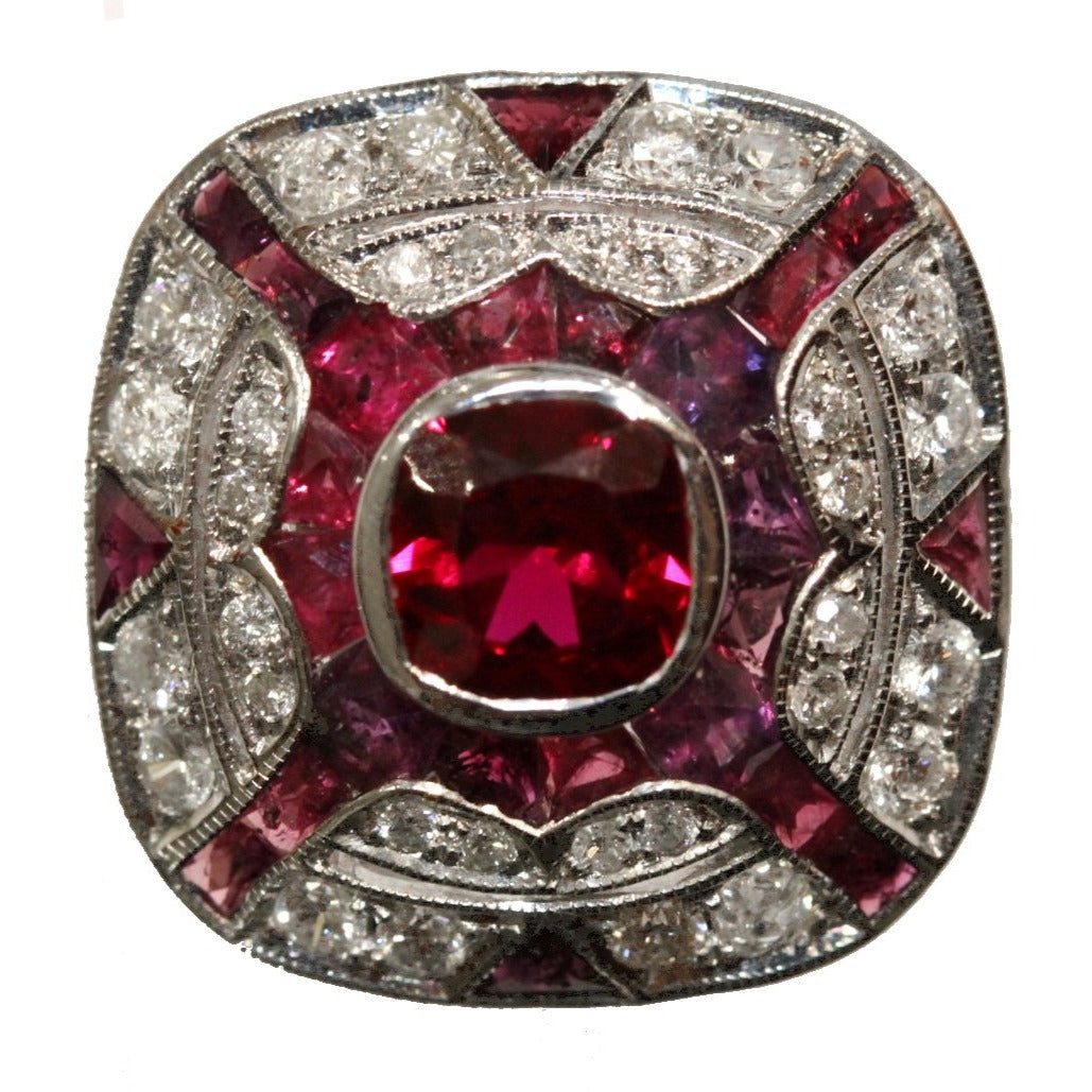 9ct White Gold Cushion Cut Ruby and Diamond Cocktail Ring
