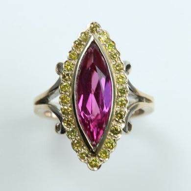 9ct Yellow Gold Synthetic Pink Sapphire and Yellow Diamond Cocktail Ring