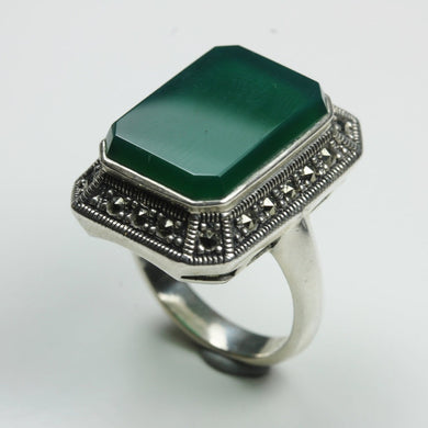 Sterling Silver Rectangular Green Onyx Marcasite Ring