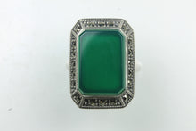 Sterling Silver Rectangular Green Onyx Marcasite Ring