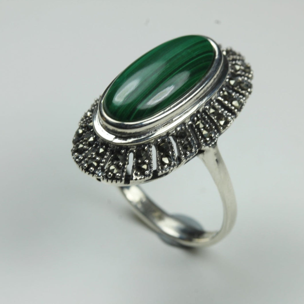 Sterling Silver Oval Malachite and Marcasite Ring