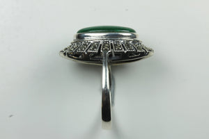 Sterling Silver Oval Malachite and Marcasite Ring