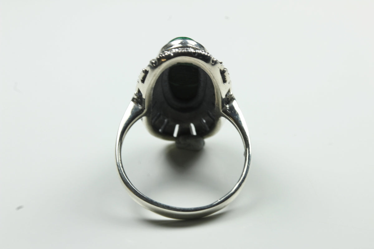 Sterling Silver Oval Malachite and Marcasite Ring