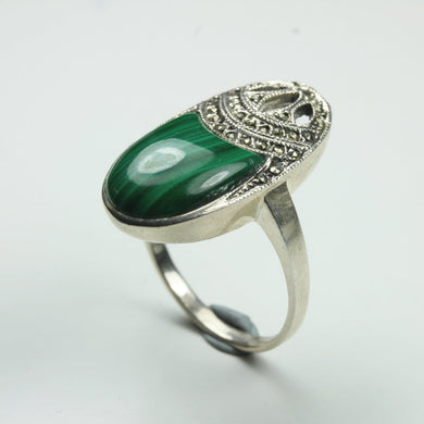 Sterling Silver Malachite and Marcasite Ring
