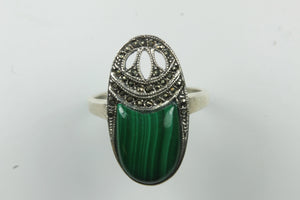 Sterling Silver Malachite and Marcasite Ring