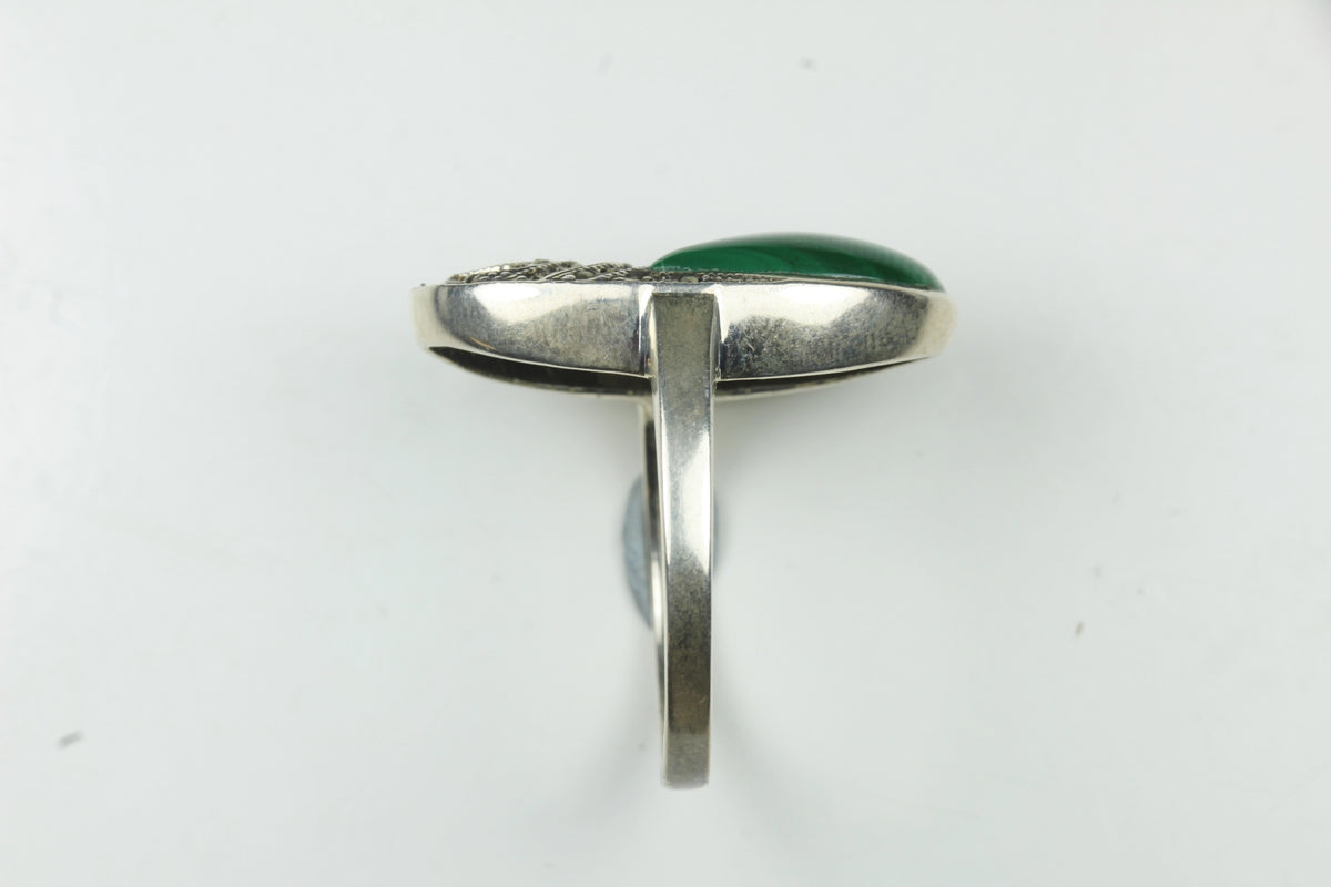 Sterling Silver Malachite and Marcasite Ring