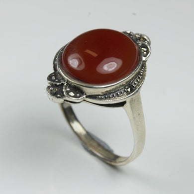 Sterling Silver Round Carnelian Marcasite Ring