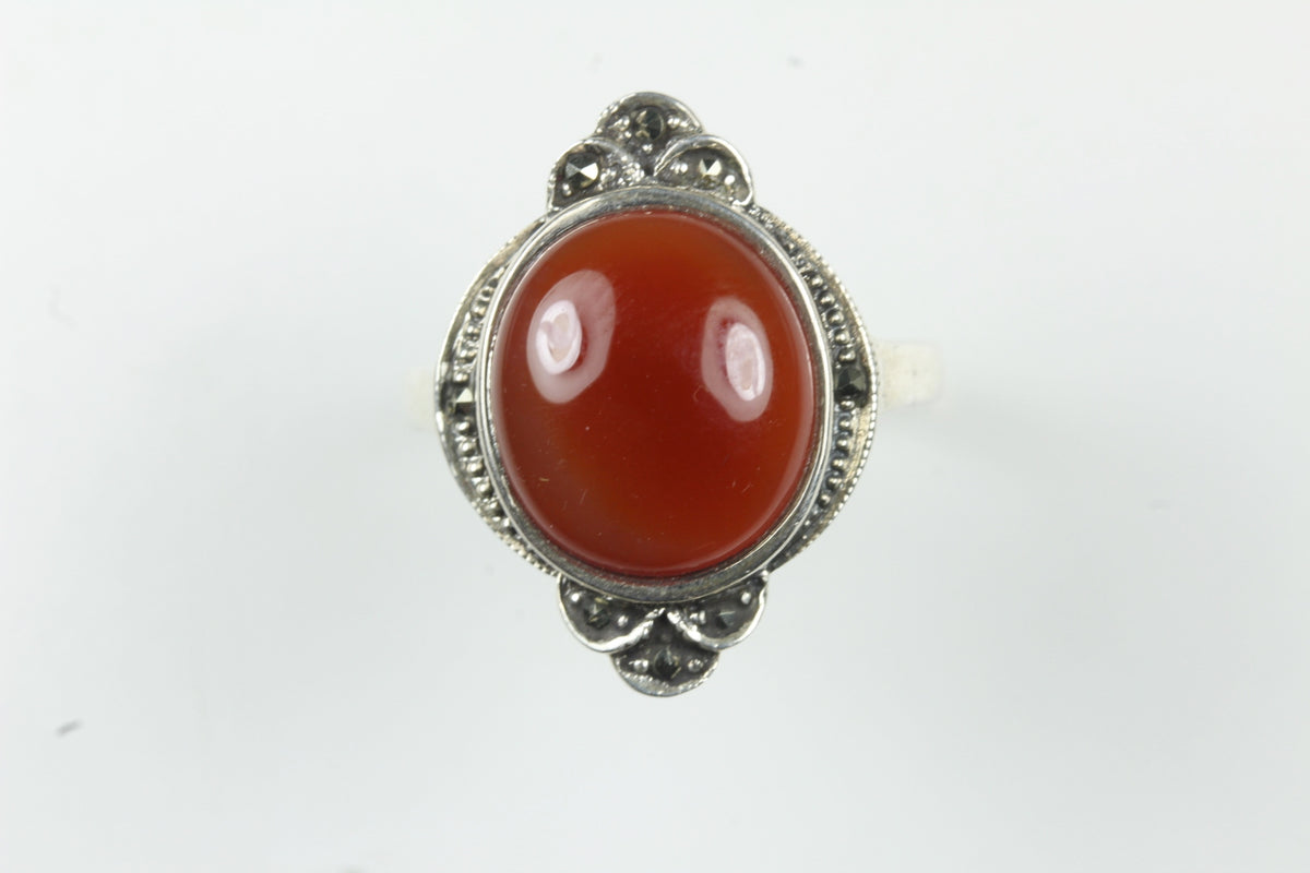 Sterling Silver Round Carnelian Marcasite Ring