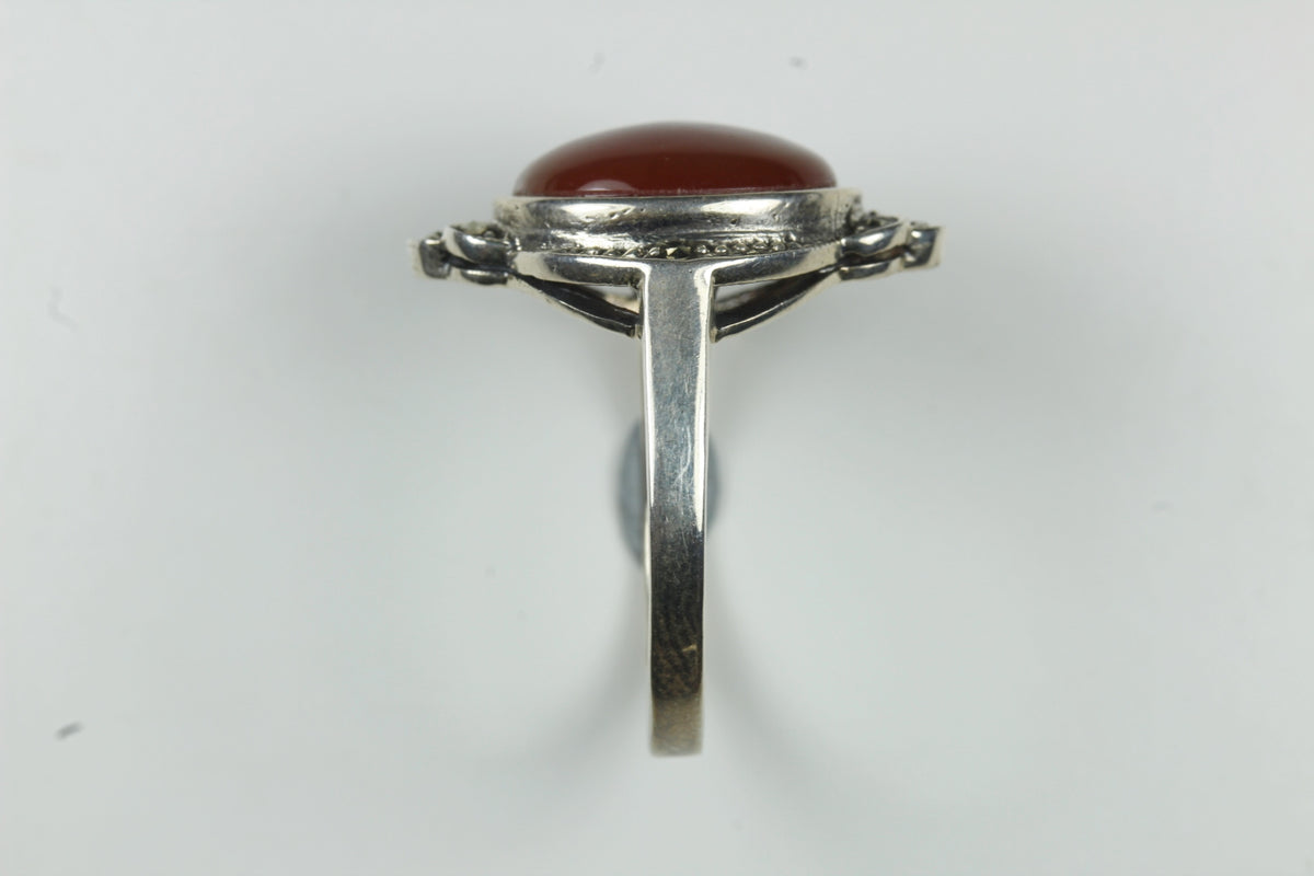 Sterling Silver Round Carnelian Marcasite Ring