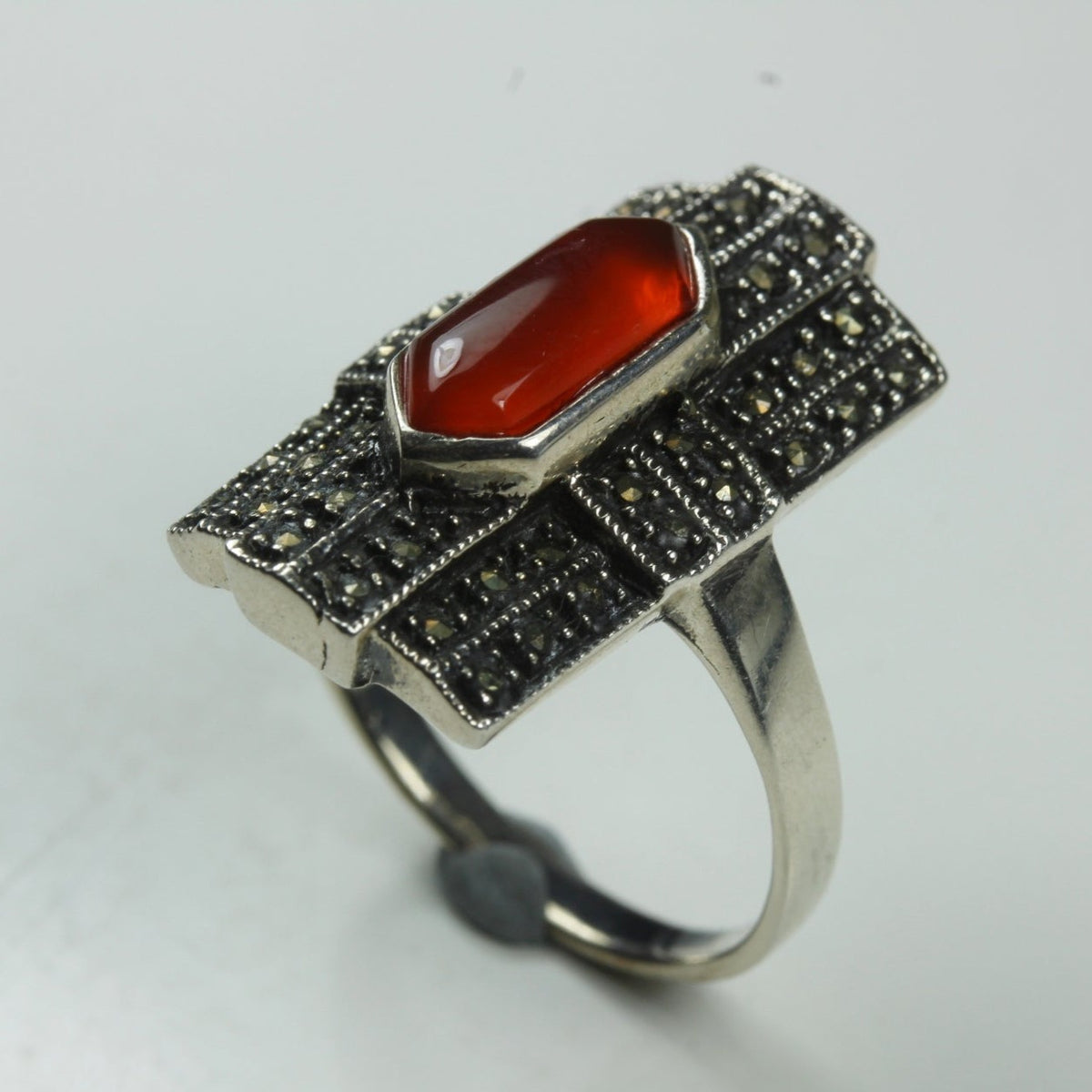 Sterling Silver Carnelian Barrel Shield Marcasite Ring