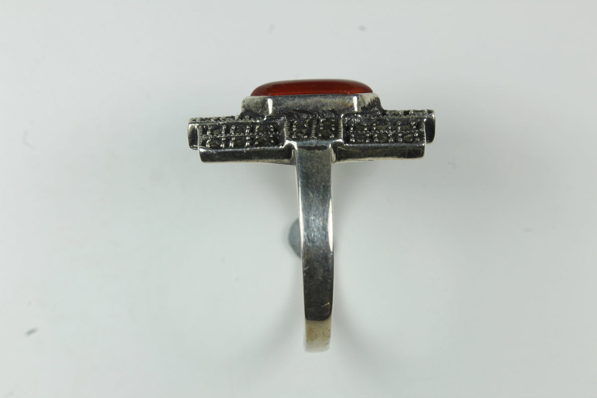 Sterling Silver Carnelian Barrel Shield Marcasite Ring