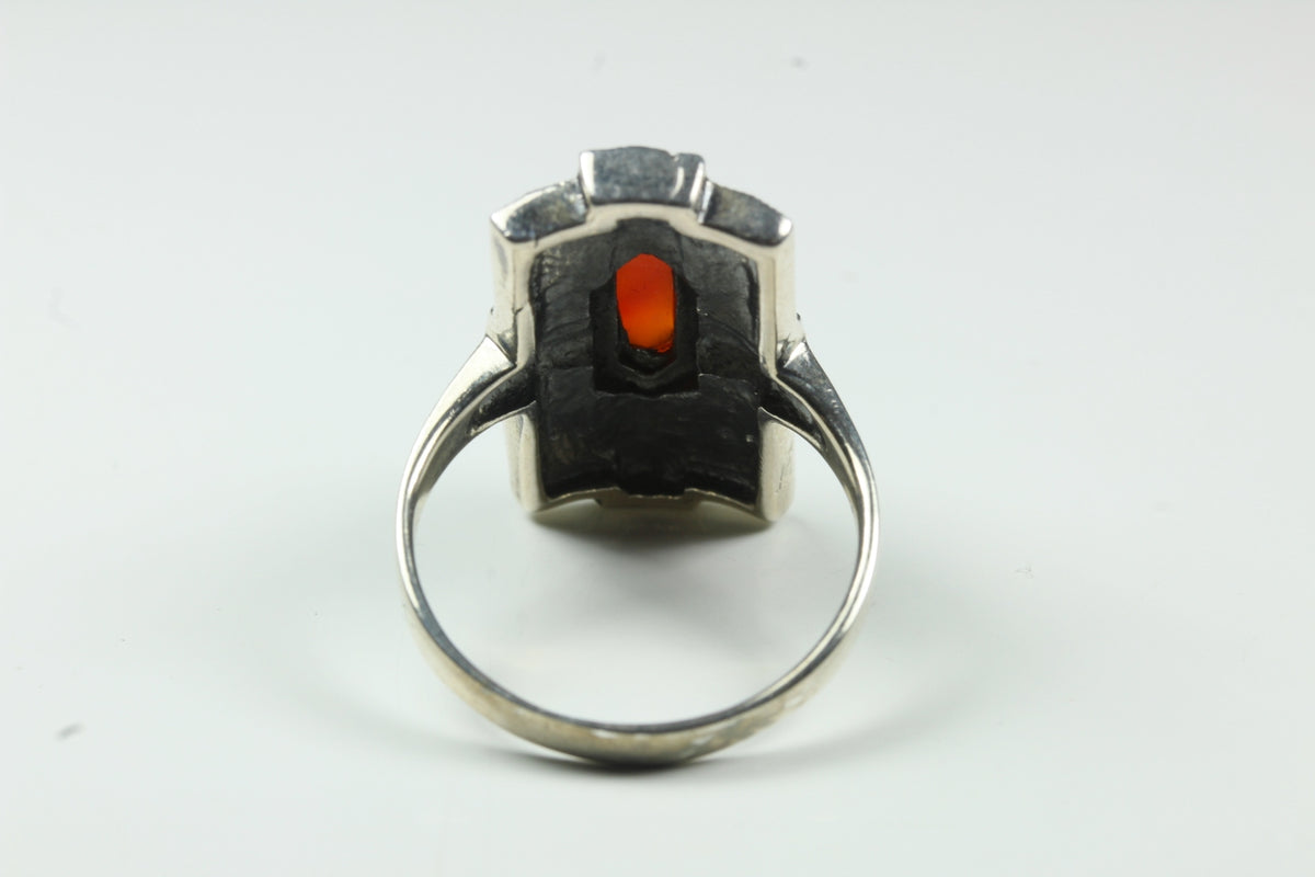 Sterling Silver Carnelian Barrel Shield Marcasite Ring