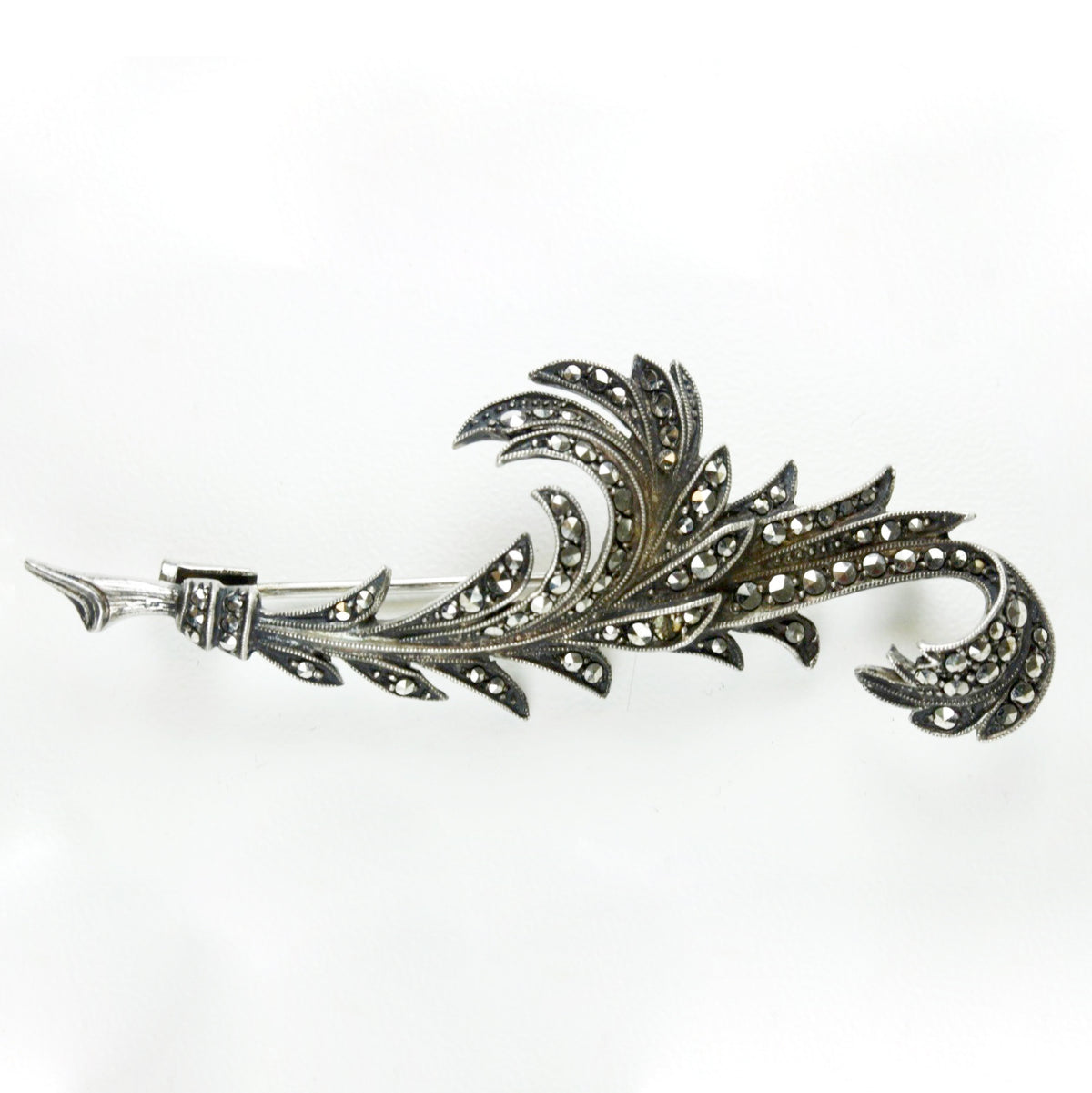 Antique Sterling Silver Marcasite Leaf Brooch