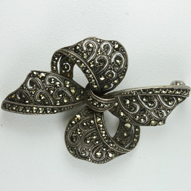 Antique Sterling Silver Marcasite Ribbon Brooch