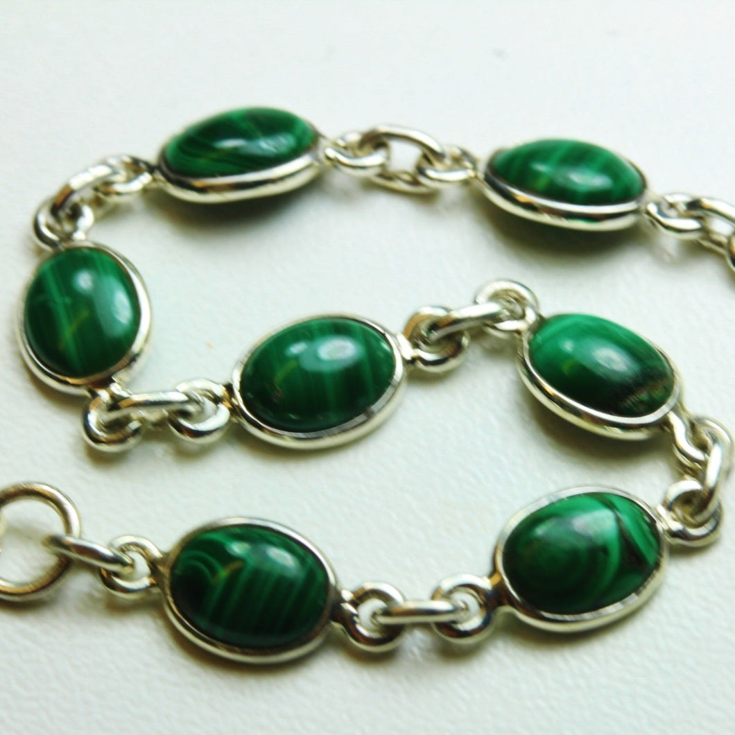 Natural Cut Malachite and Sterling Silver Bracelet
