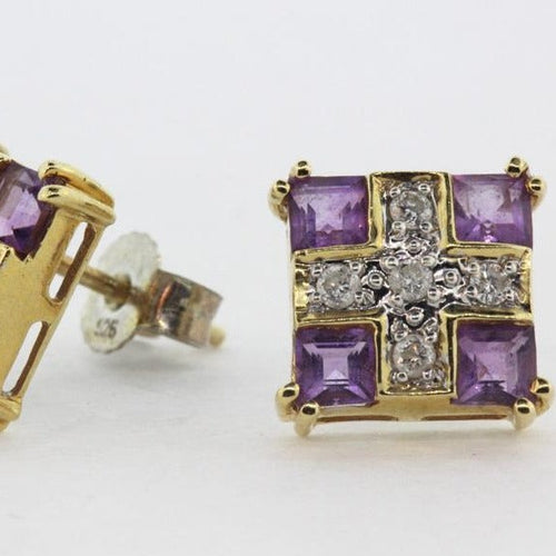 9ct Yellow Gold Amethyst and Diamond Studs