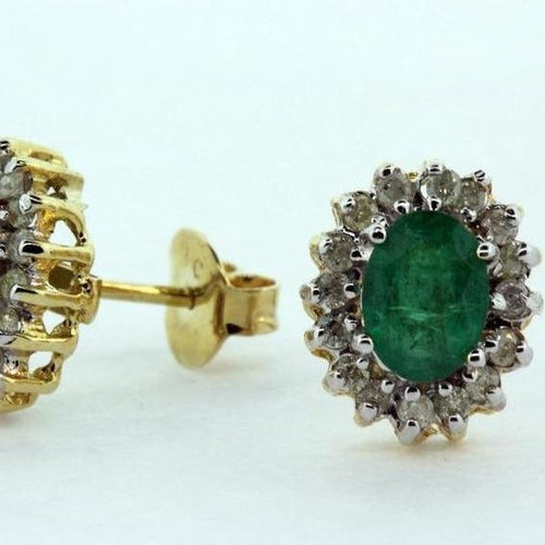 9ct Yellow Gold Emerald and Diamond Stud Earrings